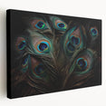 Vibrant peacock design stretched canvas wall art with intricate feather details, showcasing rich blues and greens, perfect for enhancing modern home decor.