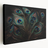 Vibrant peacock design stretched canvas wall art with intricate feather details, showcasing rich blues and greens, perfect for enhancing modern home decor.