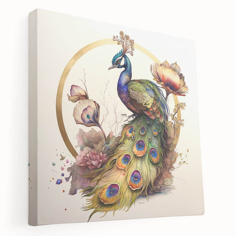Vibrant peacock-themed wall art in rich blues and greens, showcasing intricate feather details on a stretched canvas, ideal for home decor enhancement.