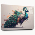 Vibrant peacock-themed wall art collection displayed in a sleek acrylic glass frame, showcasing intricate details and bold colors, perfect for modern decor.