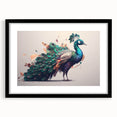 Framed wall art featuring a vibrant peacock design with intricate details, set in a sleek black frame and mat, perfect for enhancing modern decor.