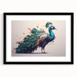 Framed wall art featuring a vibrant peacock design with intricate details, set in a sleek black frame and mat, perfect for enhancing modern decor.