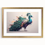 Elegant gold-framed wall art featuring a vibrant peacock design on a textured mat background, ideal for enhancing modern home decor. Perfect for bird enthusiasts and art lovers.