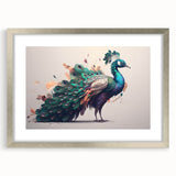 Elegant wall art featuring a vibrant peacock design in intricate detail, framed with a silver mat for a sophisticated touch, perfect for home decor enhancement.