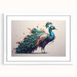 Peacock wall art collection in a white frame with matting, showcasing vibrant colors and intricate feather designs, ideal for elegant home decor.