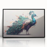 Framed wall art featuring an elegant peacock design in vibrant colors, set in a sleek black frame, perfect for adding a touch of sophistication to any decor.