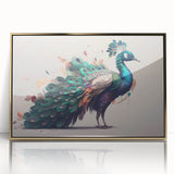 Framed wall art featuring a vibrant peacock design with intricate details in gold and blue hues, perfect for enhancing modern decor aesthetics. Ideal for bird lovers and art enthusiasts.