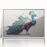 Framed acrylic wall art showcasing a vibrant peacock design, featuring intricate patterns and rich colors, perfect for enhancing modern home decor. Ideal for art enthusiasts and interior design lovers seeking a statement piece.