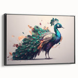 Framed canvas wall art showcasing an elegant peacock design in vibrant colors, displayed from a black side view, perfect for enhancing modern home decor.