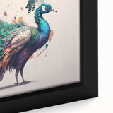 Close-up of a framed canvas wall art featuring a vibrant peacock design, showcasing intricate patterns in rich blues and greens, ideal for home decor.