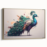Framed canvas wall art featuring an elegant peacock design with vibrant gold and blue hues, showcasing intricate feather details against a neutral background, perfect for home decor.