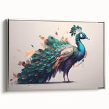 Framed canvas wall art featuring a stunning peacock design in vibrant colors, elegantly displayed with a silver frame, perfect for home decor enhancement.