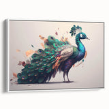 Framed canvas wall art featuring a vibrant peacock design in rich blues and greens, displayed from a white side view, ideal for modern home decor.