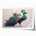 Vibrant peacock wall art print showcasing intricate feather details in rich blues and greens, elegantly rolled for easy display and shipping. Perfect for home decor.
