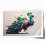Vibrant peacock wall art print showcasing intricate feather details in rich blues and greens, elegantly rolled for easy display and shipping. Perfect for home decor.