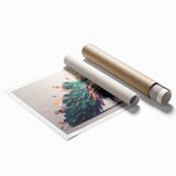 Vibrant peacock design wall art print featuring intricate details and rich colors, elegantly rolled and ready for display in any home decor setting.