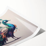 Vibrant peacock design wall art print showcasing rich colors and intricate details, rolled for easy shipping and display, perfect for home decor.