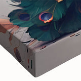 Close-up of a vibrant peacock design wall art canvas, showcasing intricate feathers in shades of blue and green, perfect for enhancing modern decor.