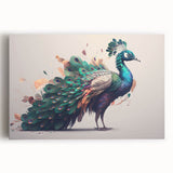 Vibrant peacock-themed stretched canvas wall art showcasing intricate feather details and rich colors, perfect for adding elegance to any room decor.