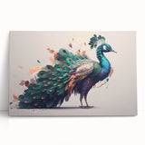Vibrant peacock design wall art on stretched canvas, featuring rich blues and greens, perfect for adding a touch of elegance to home decor.