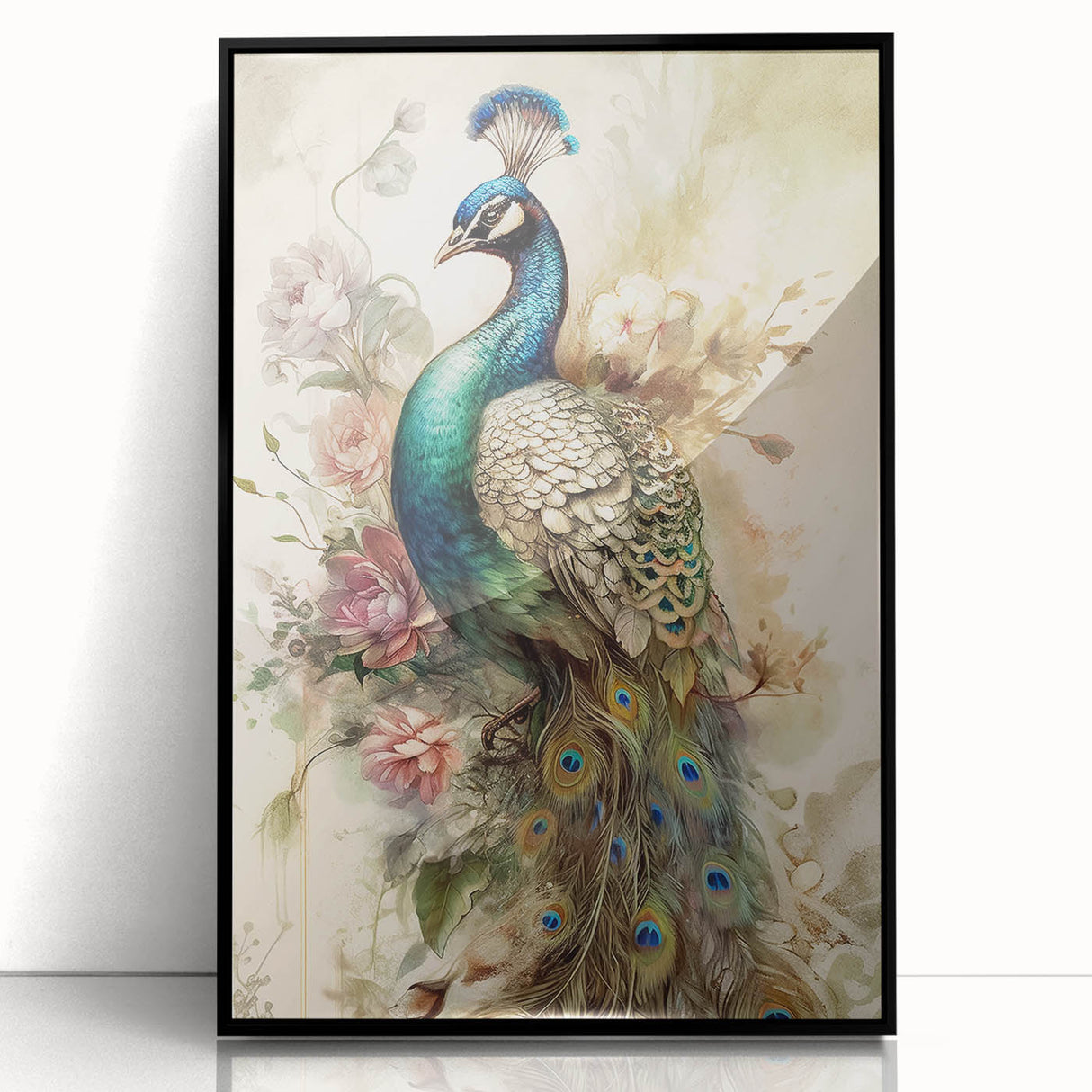 Framed wall art showcasing a vibrant peacock design with intricate details, featuring a sleek black frame, perfect for enhancing modern home decor aesthetics.