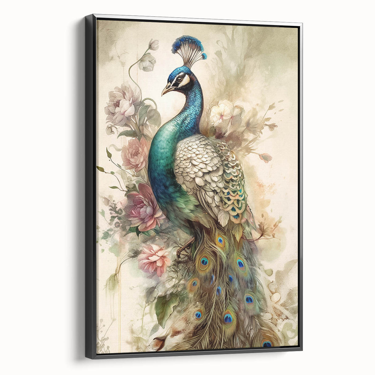Framed canvas wall art showcasing an intricate peacock design in vibrant colors, set against a black background, perfect for enhancing modern decor.