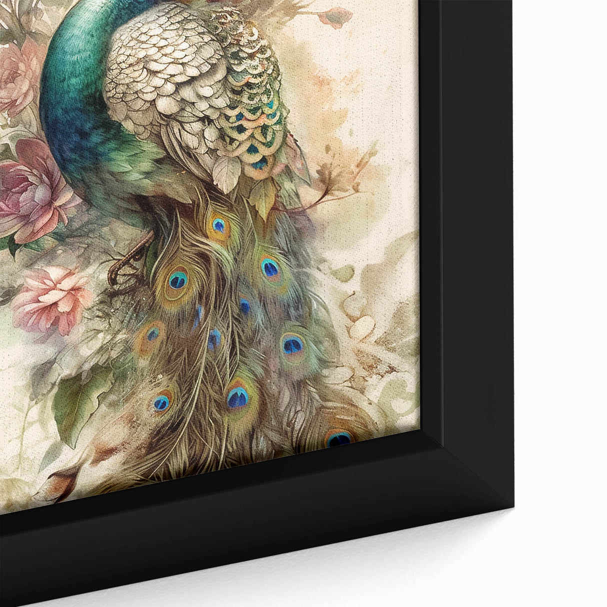 Close-up of a vibrant peacock design on framed canvas wall art, showcasing intricate details and vivid colors, perfect for enhancing modern home decor. Ideal for art enthusiasts and lovers of nature-inspired decor.