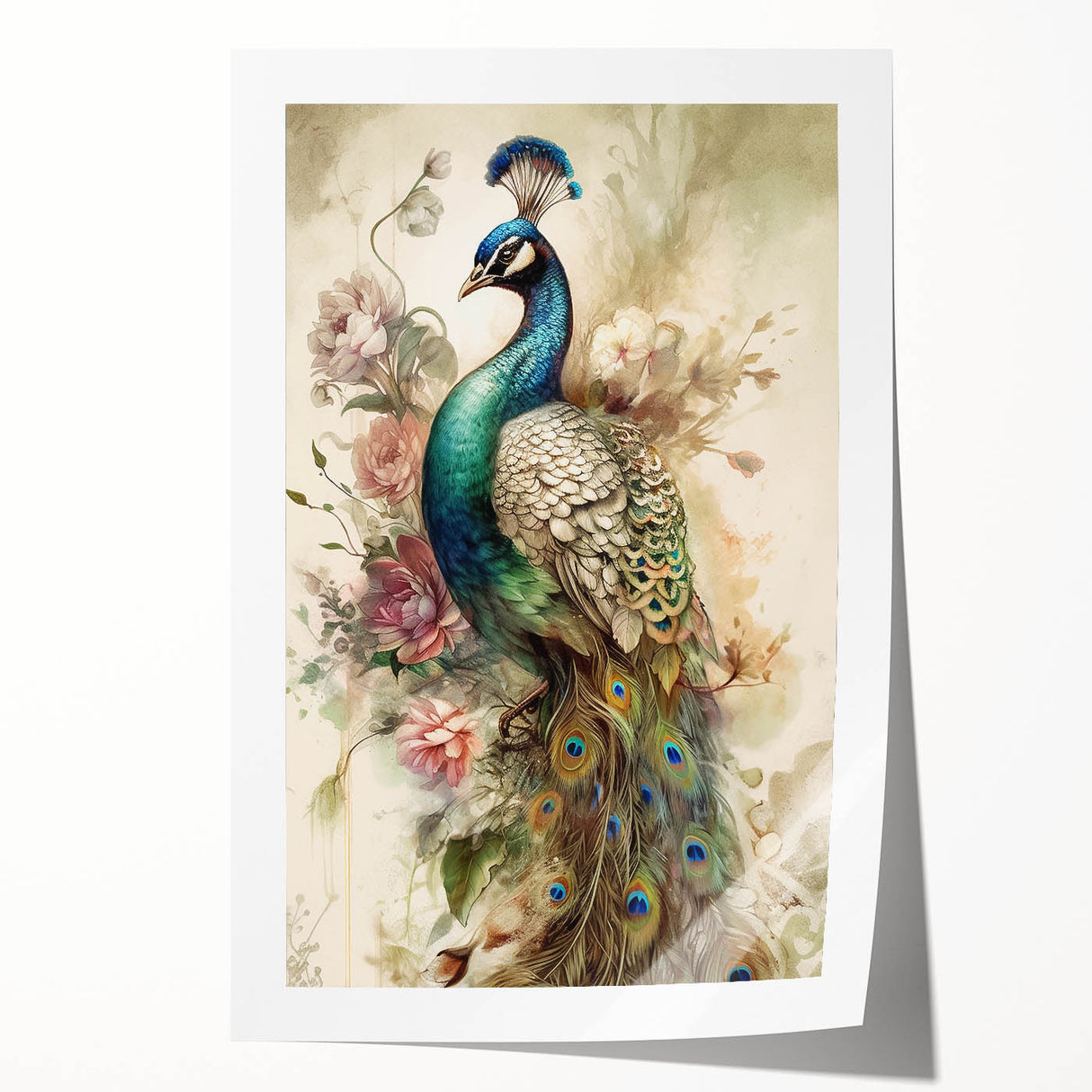 Vibrant peacock-themed wall art design on rolled canvas, showcasing intricate details and vivid colors, perfect for enhancing home decor aesthetics.