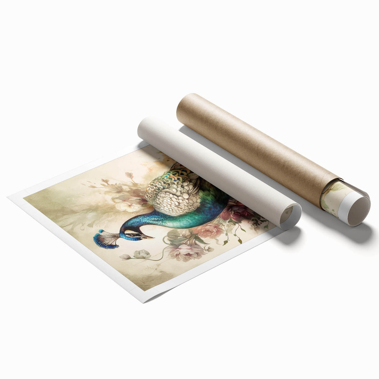 Vibrant peacock design wall art print on rolled canvas, showcasing intricate feather details and vivid colors, perfect for enhancing home decor.