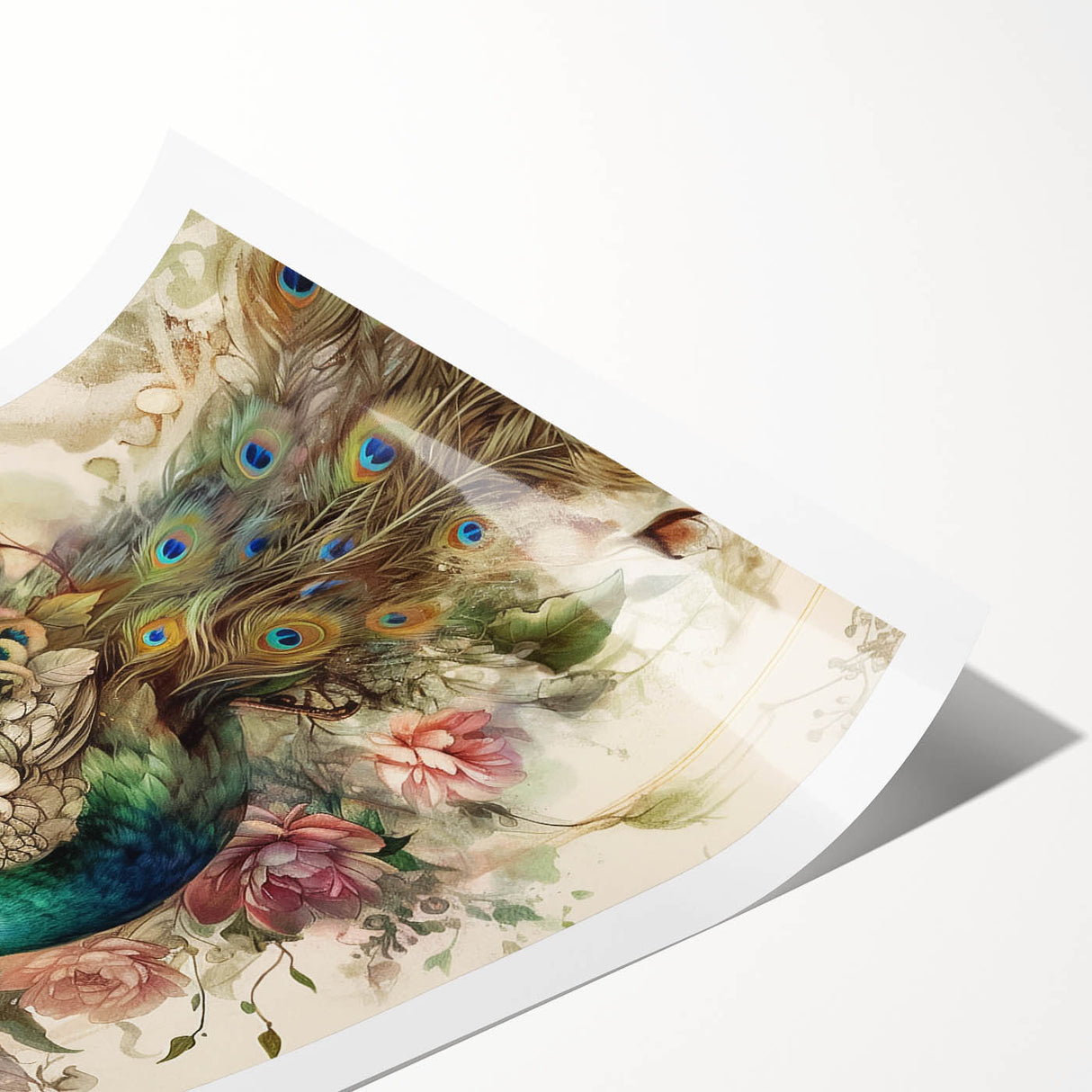 Vibrant peacock design wall art print, showcasing intricate feather details and rich colors, rolled and ready for framing or display in any contemporary decor.