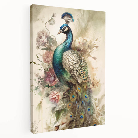 Stretched canvas wall art featuring an intricate peacock design in vibrant colors, showcasing elegant feathers and a detailed pattern, perfect for home decor.