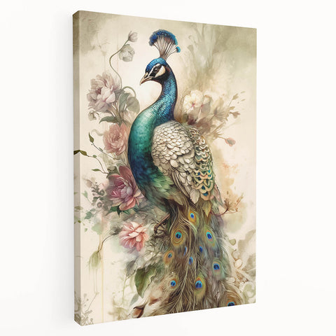 Stretched canvas wall art featuring an intricate peacock design in vibrant colors, showcasing elegant feathers and a detailed pattern, perfect for home decor.