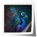 Vibrant peacock design wall art featuring intricate feather patterns in rich blues and greens, ideal for adding a touch of elegance to any home decor.