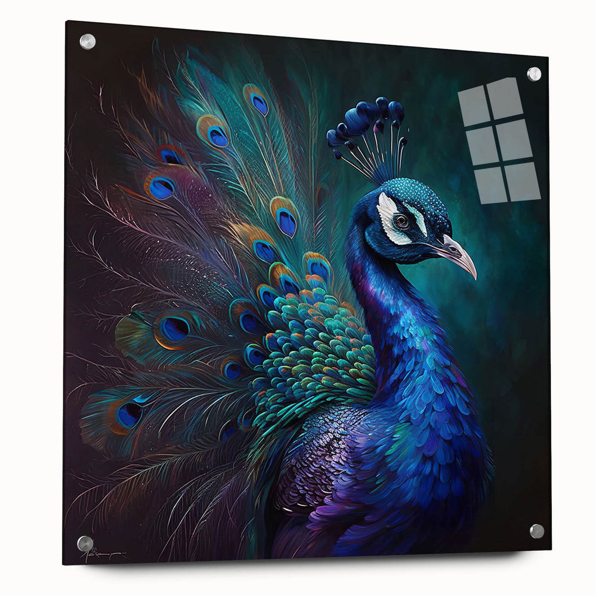 Elegant peacock wall art design displayed in a side view, showcasing vibrant colors and intricate details, mounted with pins for a modern aesthetic.