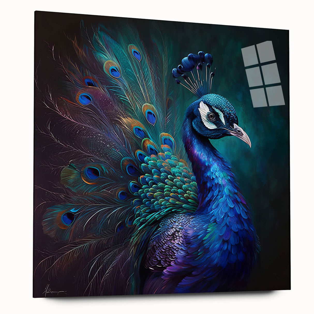 Vibrant acrylic wall art featuring a stunning peacock design, showcased in a side view without pins, perfect for enhancing modern decor with vivid colors.