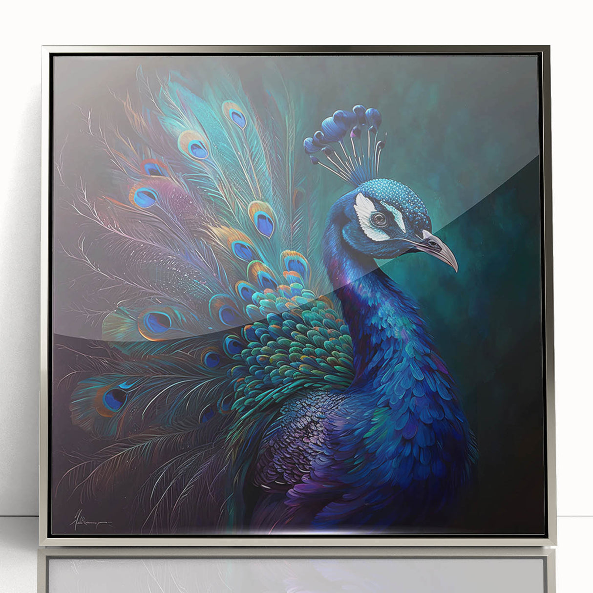 Framed wall art featuring an elegant peacock design in vibrant colors, set within a sleek silver frame, perfect for enhancing modern home decor. Ideal for bird lovers and art enthusiasts.
