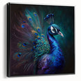 Framed wall art featuring a vibrant peacock design on canvas, showcasing rich colors and intricate details, perfect for home decor or art collections.