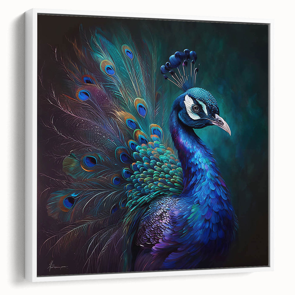 Framed canvas wall art showcasing an elegant peacock design, featuring vibrant colors and intricate details, ideal for enhancing modern home decor.