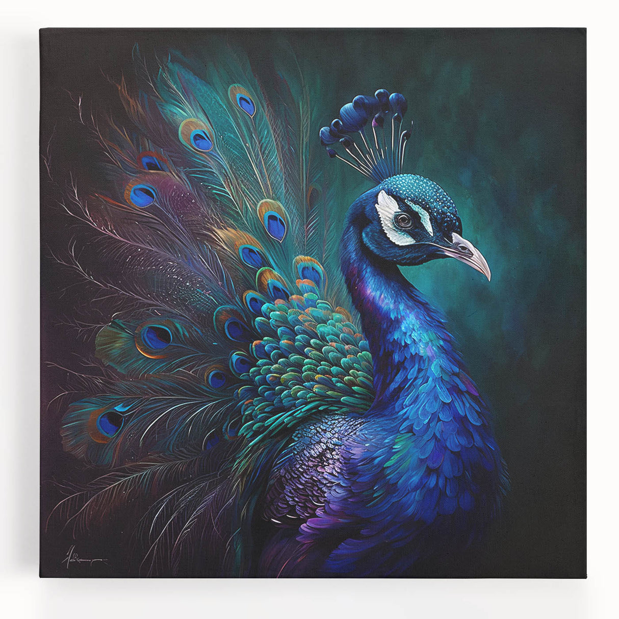 Vibrant peacock design stretched canvas wall art showcasing intricate feathers and rich colors, perfect for enhancing home decor with a touch of elegance.