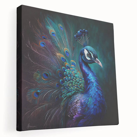 Stretched canvas wall art showcasing a vibrant peacock design with intricate details and rich colors, perfect for adding elegance to any room decor.
