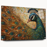 Acrylic wall art featuring a vibrant peacock design in vivid colors, displayed from a side view with decorative pins, perfect for enhancing modern interiors.