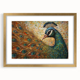 Peacock-themed wall art frame displaying vibrant colors and intricate designs, showcasing gold accents and a mat for added elegance, perfect for home decor.