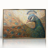 Framed wall art featuring a stunning peacock design in vibrant colors, showcasing intricate detailing and a gold-acrylic finish, perfect for enhancing home decor.