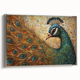 Framed wall art featuring a stunning peacock design in vibrant colors, elegantly displayed with a silver frame, showcasing intricate details and textures.