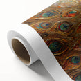 Vibrant peacock design showcased on a rolled canvas wall art piece, featuring rich colors and intricate patterns, perfect for home decor and artistic expression.