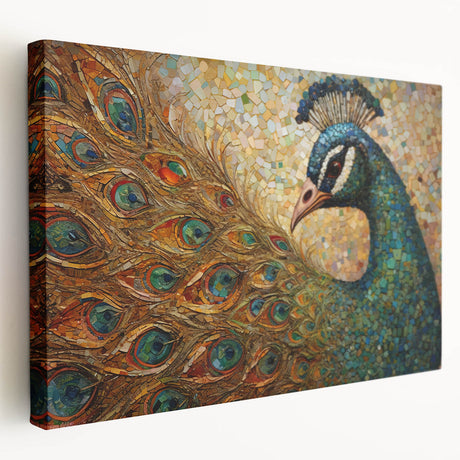 Stretched canvas wall art showcasing a vibrant peacock design with intricate feather details, ideal for adding color and elegance to any living space.