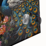 Close-up of a vibrant peacock design wall art piece, featuring intricate details and rich colors, displayed on acrylic glass for modern decor enhancement.