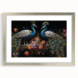 Elegant silver-framed wall art featuring a peacock design, showcasing vibrant colors and intricate details, perfect for adding sophistication to any decor.