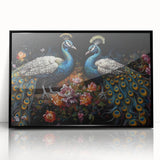 Framed wall art collection featuring an elegant peacock design in vibrant colors, set against a black background, perfect for enhancing modern home decor.