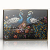 Framed wall art featuring an elegant peacock design in vibrant colors, set in a gold-accented frame, ideal for enhancing home decor with a touch of luxury.